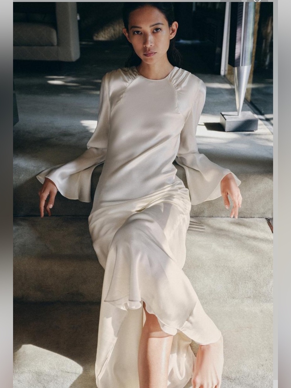 Zara Ivory Satin Maxi Dress with Flared Sleeves